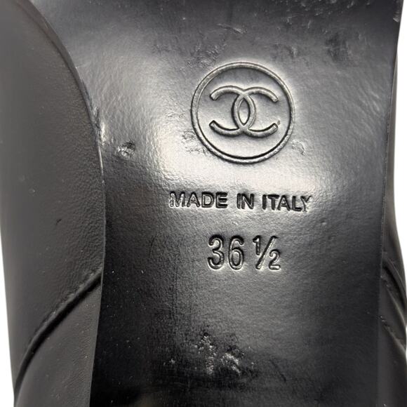 Chanel 2016 black leather calf height pearl button gold heel boots CC logo 36.5 - Picture 11 of 15